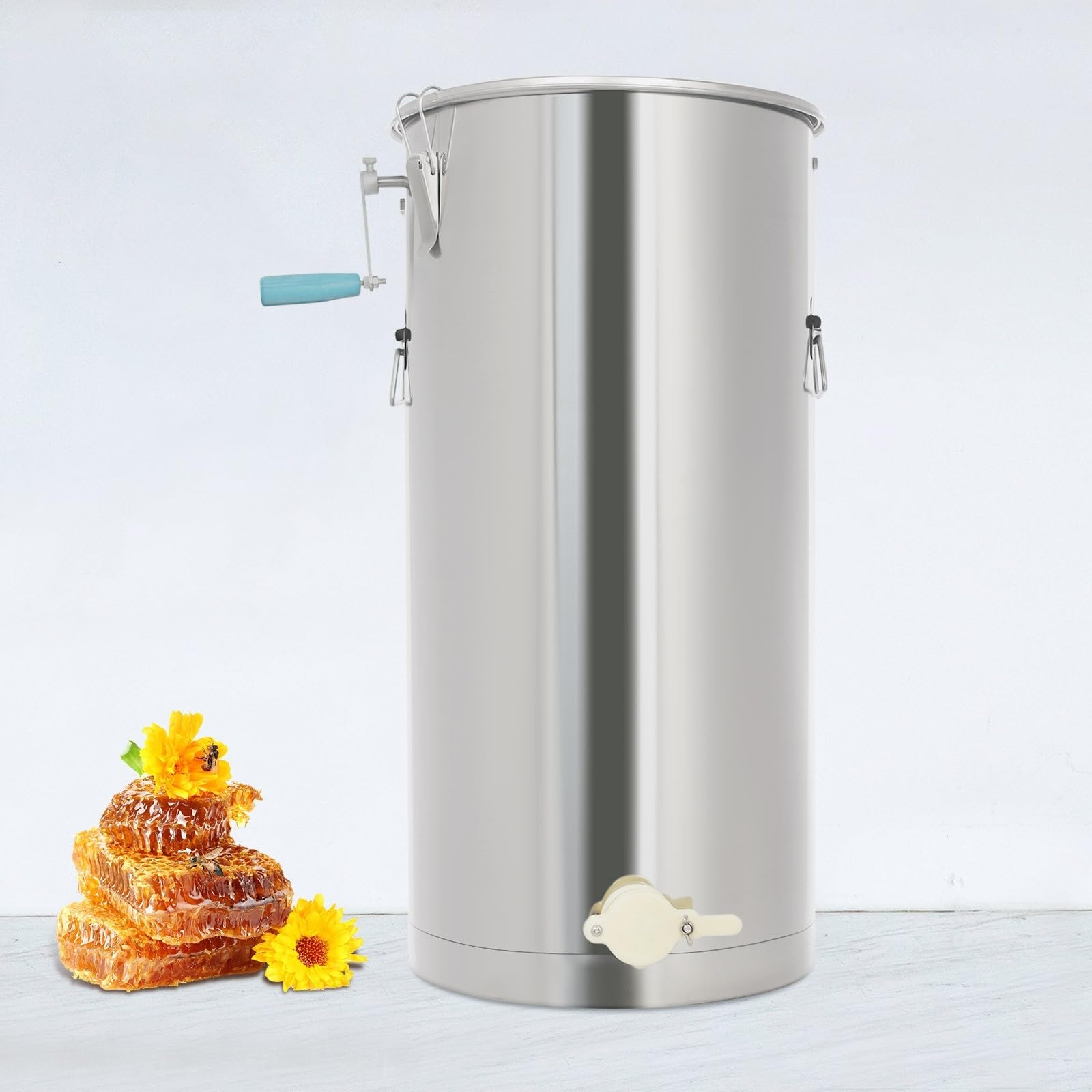 Manuelle Honigschleuder Edelstahl für Bienenrahmen bis 24x50 cm mit 22,5 kg Honigkapazität für Imker und Hobbyimker freistehend ohne Montage glatter Honigauslauf