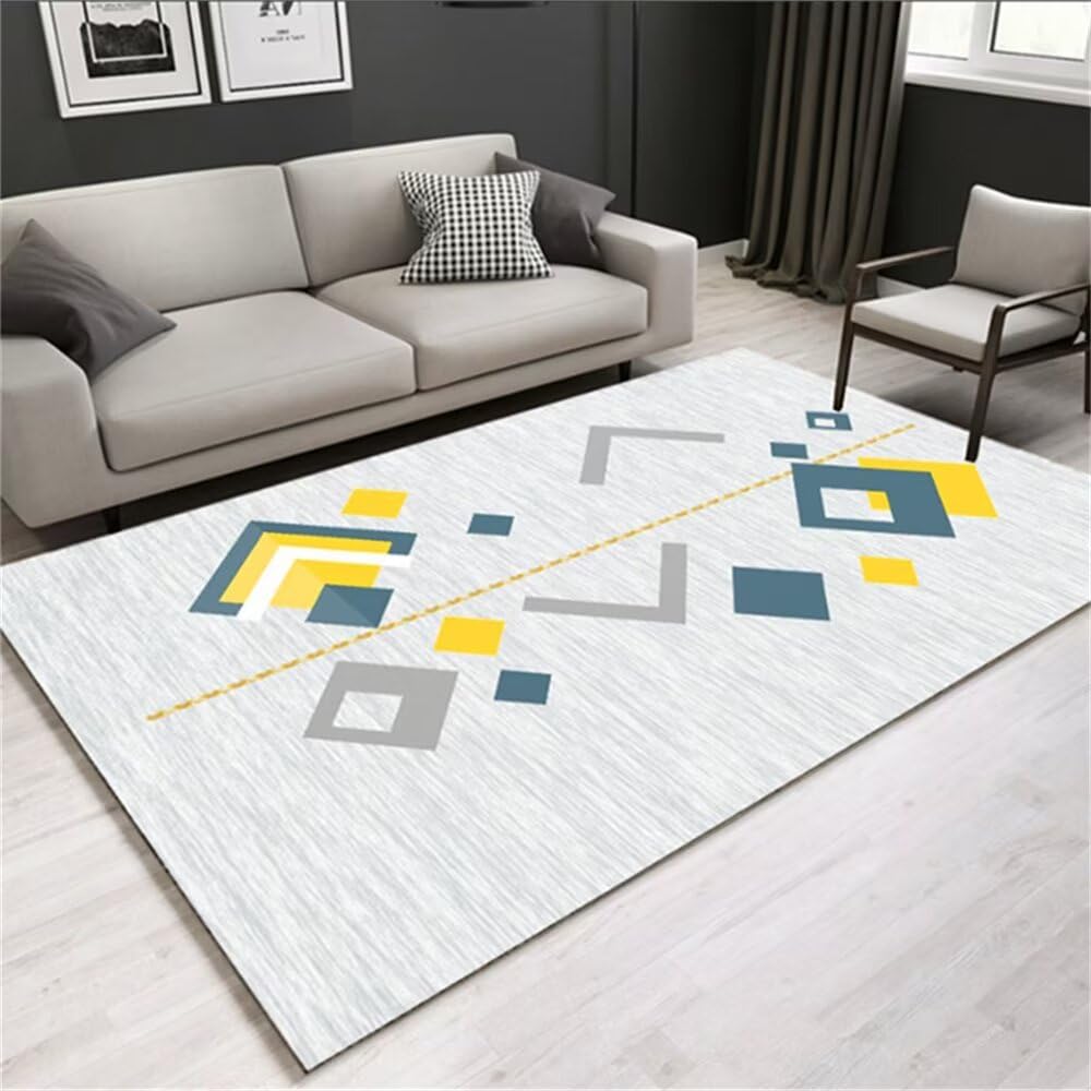 Tapis de canapé rectangulaire gris et jaune géométrique pour salon et chambre parentale 160x230cm