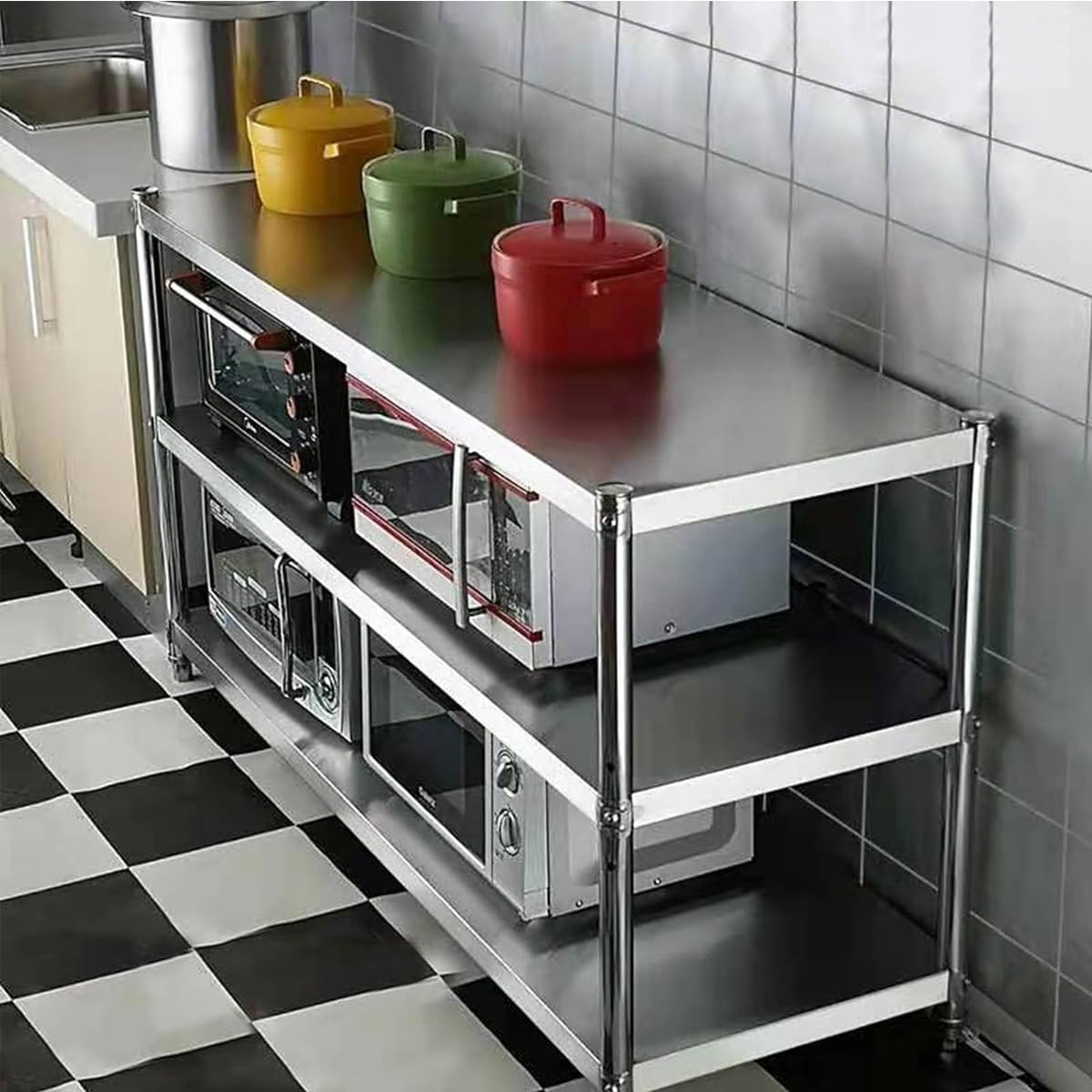 Banco da Lavoro Piano di Lavoro in Acciaio Inox per Cucina Tavolo da Preparazione Inox A 3 Ripiani Scaffalatura per Cucine Commerciali 60x40x80cm