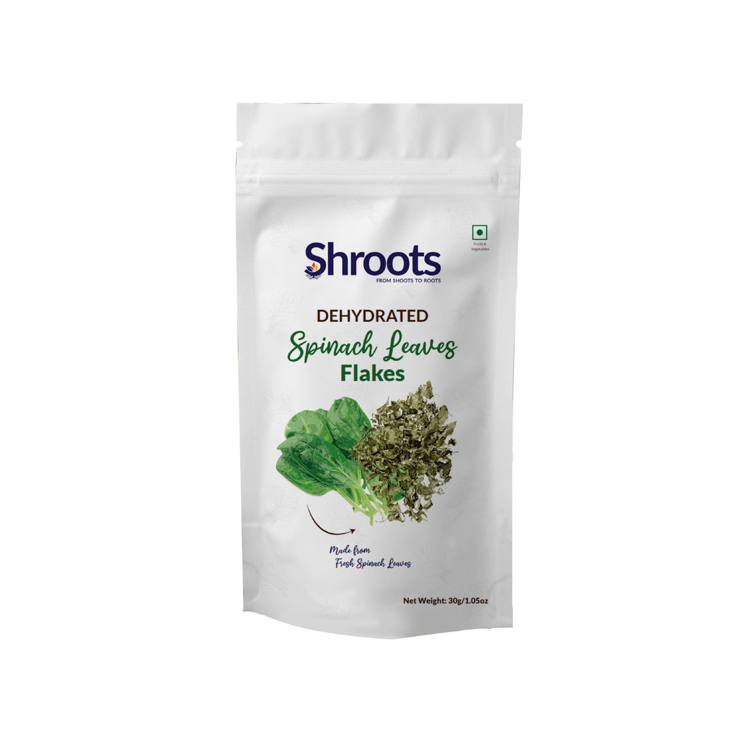 SHROOTS Dehydrated Spinach (Palak) Leaves Flakes Pure Vegetarian Gluten-Free No Added Salt Easy Cooking Essential Machine Dried Vegetables with Natural Aroma Ideal for Everyday Meals 1.06 oz Pack of 1