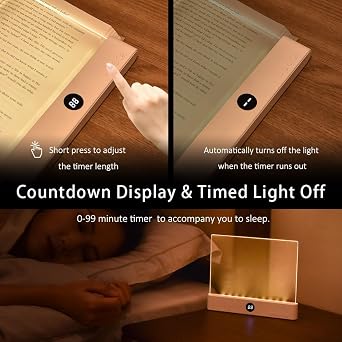 Book Light, 3 Color Adjustable LED Flat Reading Light, Rechargeable Clear Panel Plate Lamp with Timer & Memory Function, Bedside Lamp Book Lovers Gifts for Boys and Girls Women Man (Black)