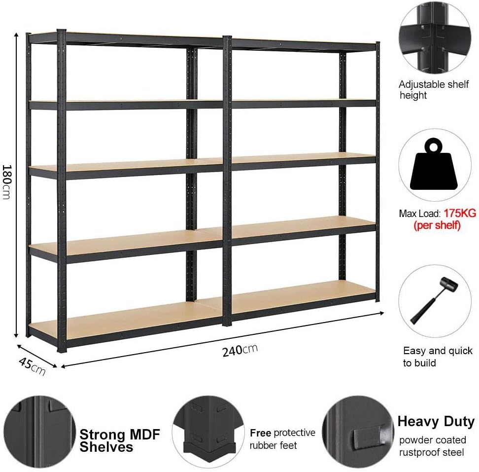 A 5-tier storage shelf in a garage setting, holding various tools and supplies.