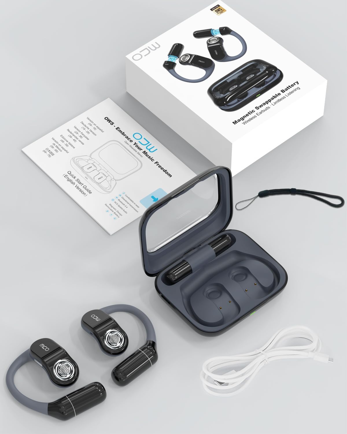 OJW Casque Bluetooth ouvert avec batterie remplaçable et batterie de rechange, jusqu'à 96 heures de lecture, casque Bluetooth avec microphone ENC, étanche IPX7 pour le sport, compatible avec iOS et