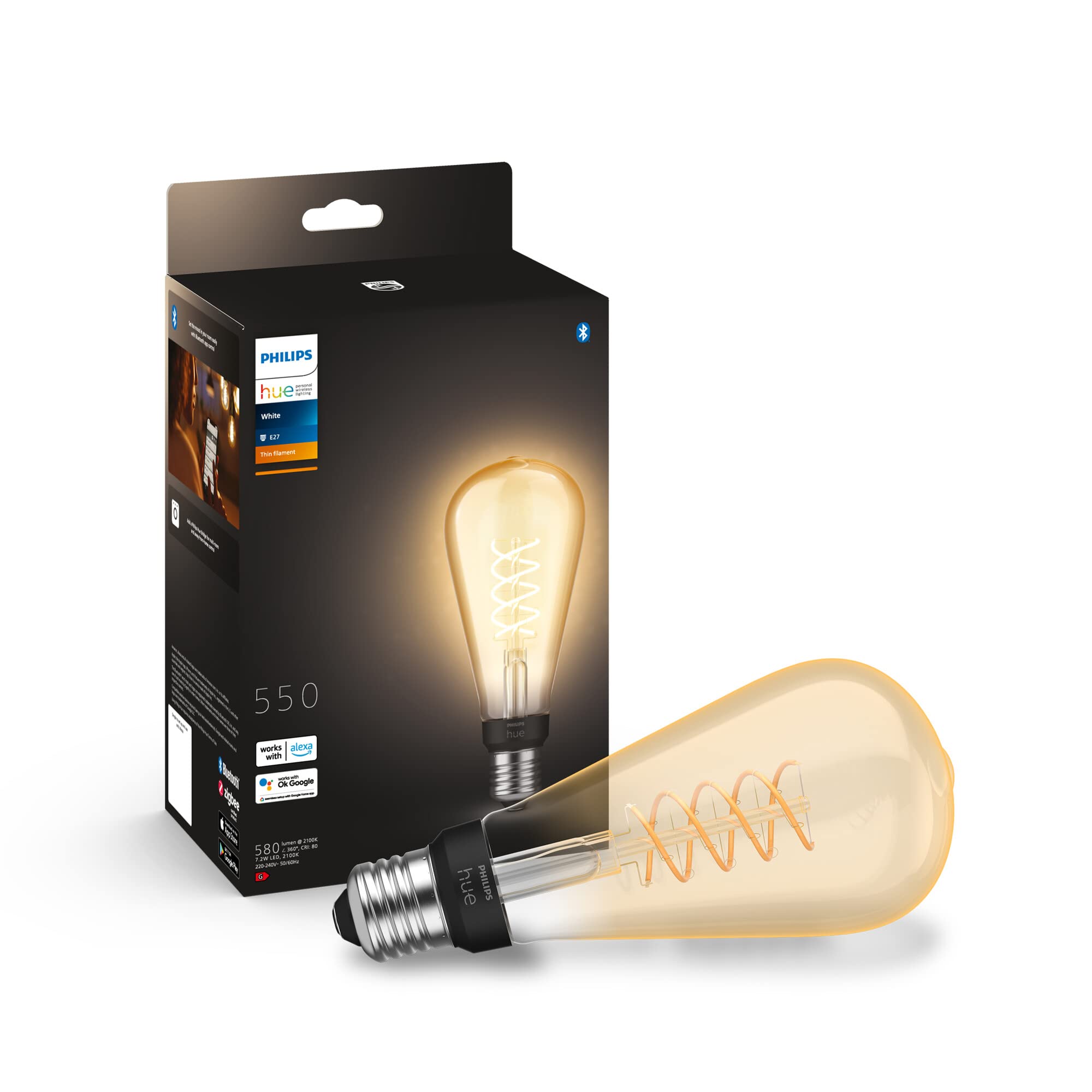 Philips Hue - Bombilla LED Inteligente de Filamento, Luz Blanca Regulable, casquillo E27 tipo ST72, 7.2W 580 Lúmens, Compatible con Alexa y Google Home