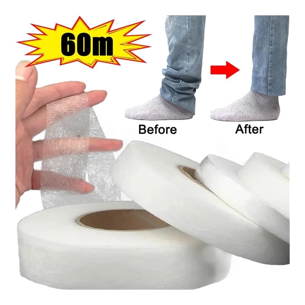Klebeband zum Säumen, Hosenkante kürzen Klebeband Paste Kleber doppelseitige Einlage Stoff Tuch Eisen auf Web DIY Nähen Handwerk Zubehör(White,1cmx60m)