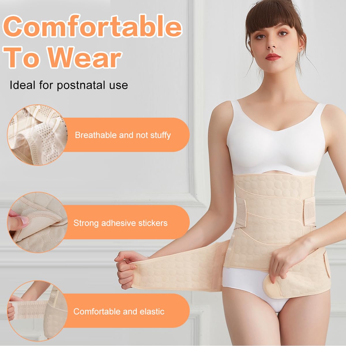 Ceinture Post Accouchement, 2 en 1 Ceinture Abdominale Femme Gaine Post Accouchement, 4 Patchs Ceinture Post Partum Cesarienne avec Ceinture Pelvienne Ceinture Ventrale Post-partum(Beige)