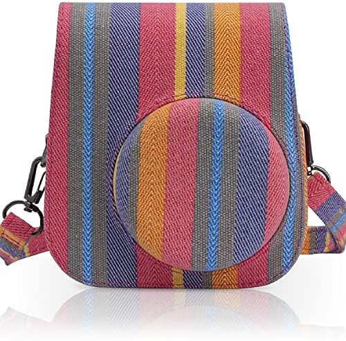 Frankmate Canvas Camera Case Compatible with Fujifilm Instax Mini 11 12 Instant Camera with Adjustable Strap and Pocket (Color Stripes)