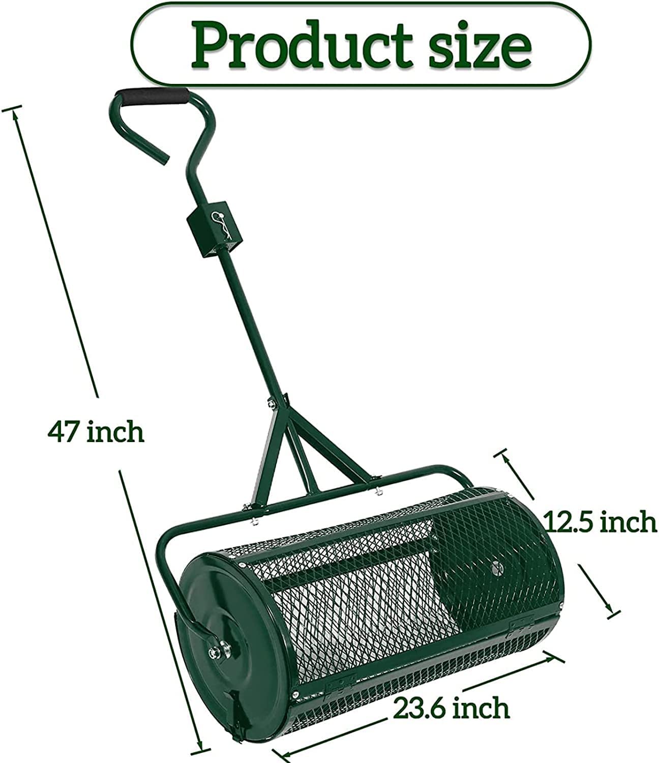 Esparcidores de jardín, esparcidor de rodillos de malla metálica resistente de 24 pulgadas, abono, musgo de turba, tierra superior, mantillo para jardín y cuidado del césped, esparcidor de abono