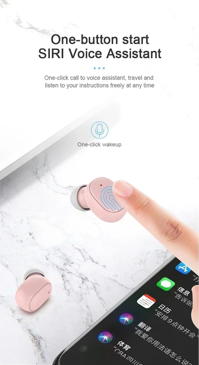Pink A6S TWS Earbud with finger touching it, showing Siri Voice Assistant activation