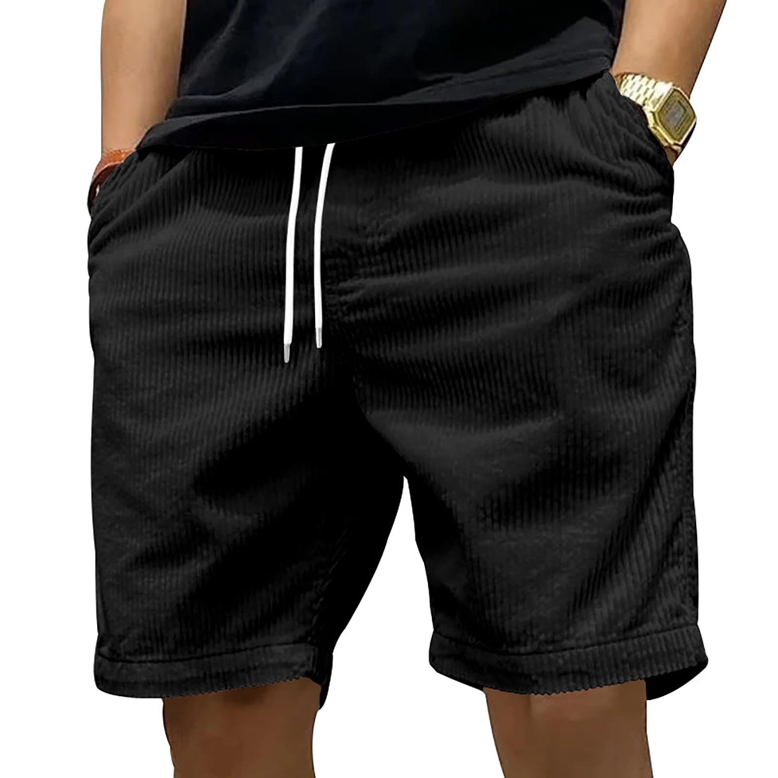 Mens Drawstring Corduroy Shorts 7 inch Elastic Waist Casual Summer Beach Sports Trousers with Pockets for Men