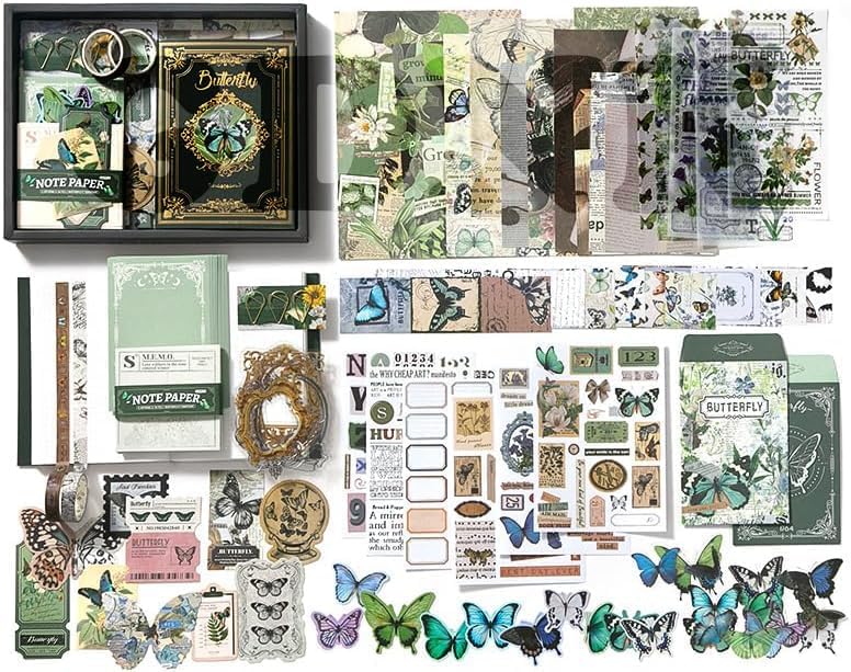 Image of GDNK Scrape Book Kit Scrapbooking Kit Vintage Journal Scrapbook Pack DIY Paper Stickers, Craft Kits Notebook, Collage Album Aesthetic Sticker Journaling Scrapbook Photo Album (Green Butterfly)