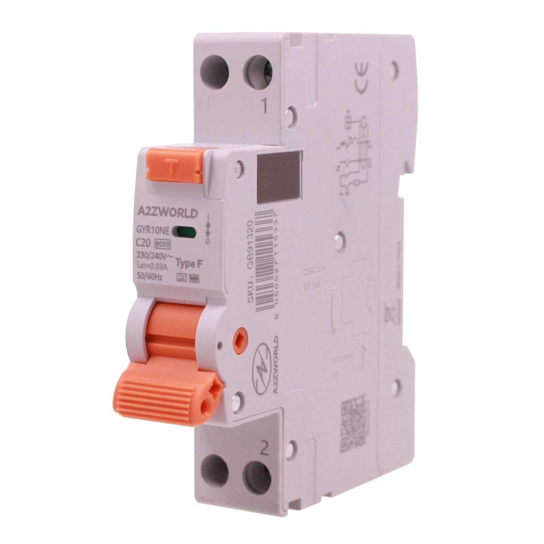 RCBO Type F Slim 20 A C20 Interrupteur différentiel magnétothermique classe F 1 module, courbe C 1P + N 6 kA 30 mA, pour installations d'équipements électroniques modernes