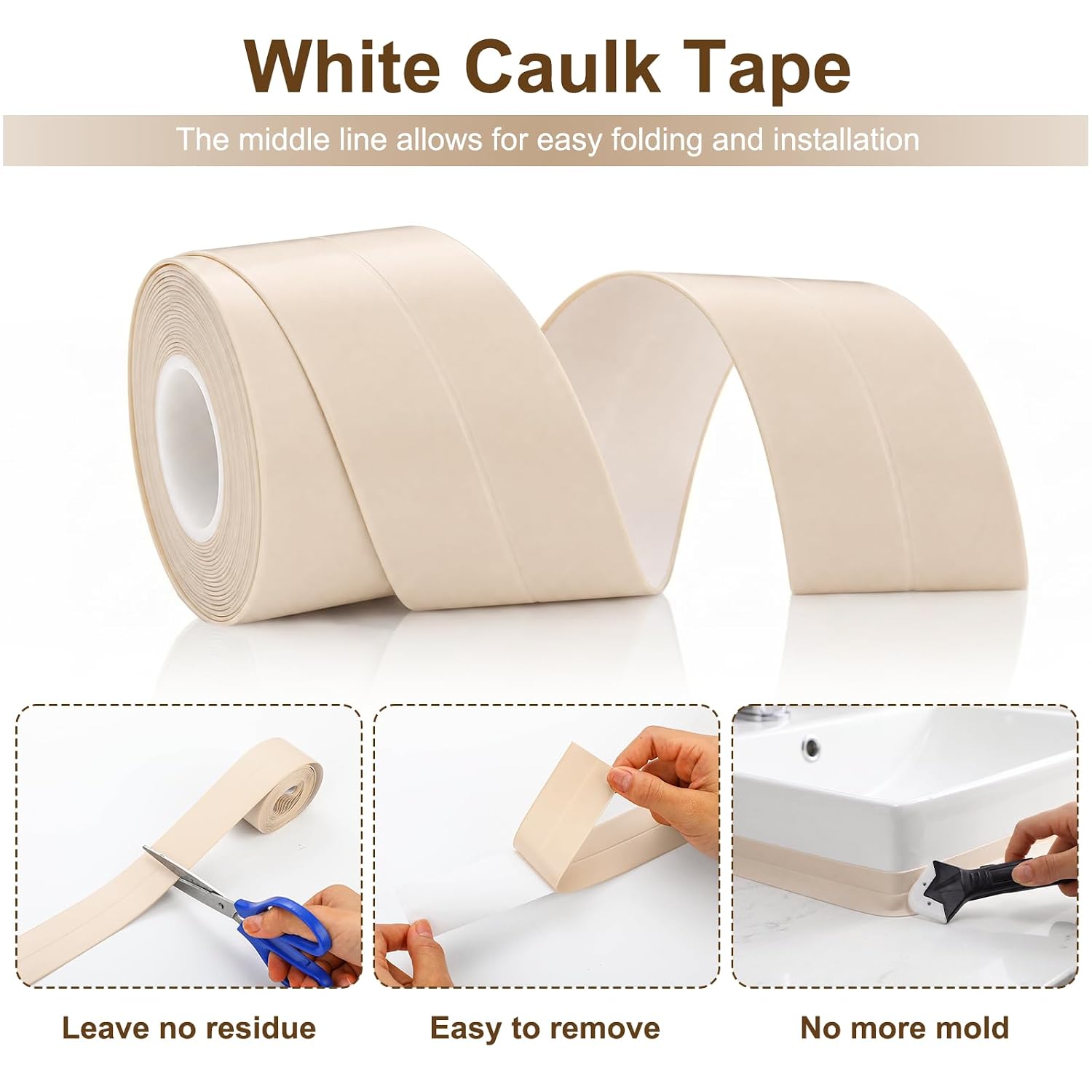 2 Rolls Waterproof Caulk Tape Kit, Beige Caulk Strip with 3-in-1 Tool