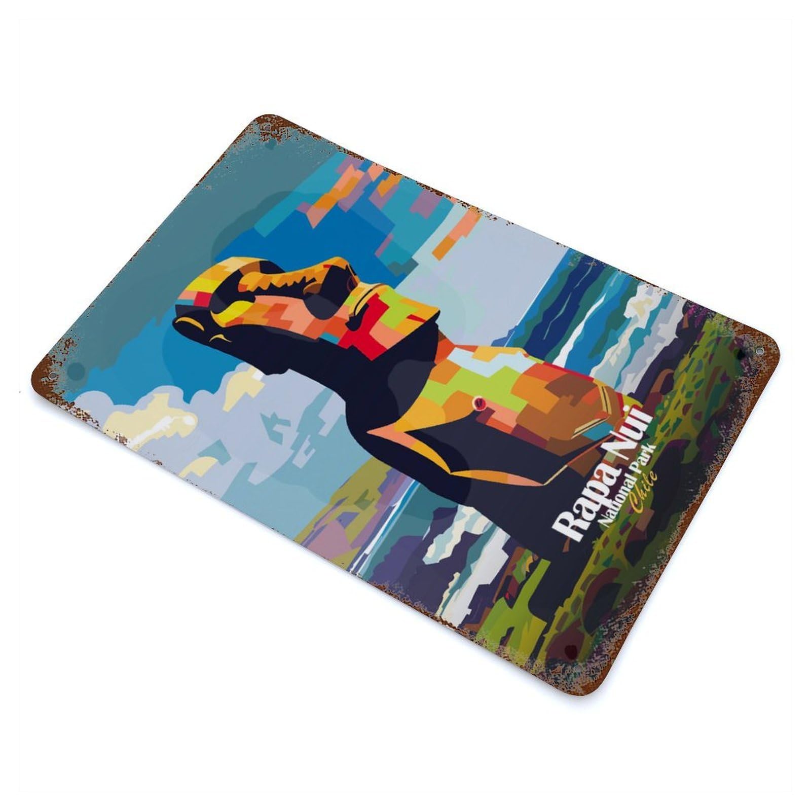 Rapa Nui National Park Chile Art 11.8"x7.9" Rust Effect Tin Sign, Decorative Metal Wall Art for Garage, Bar And Workshop Decor