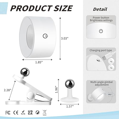 Miniatura 6 de Adetu LED Magnetic Wall Light, Rechargeable Battery, 3 Color Temperatures & RGB, Dimmable, 360 Rotation, Removable Clamp, RemoteTouch Control