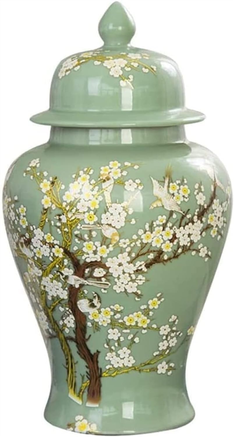 MESCXTY Porcelain Ginger Jar,Green Ceramic Jar with Lid, Plum Blossom Pattern Temple Decorative Vase(Size:Medium,Color:Green)