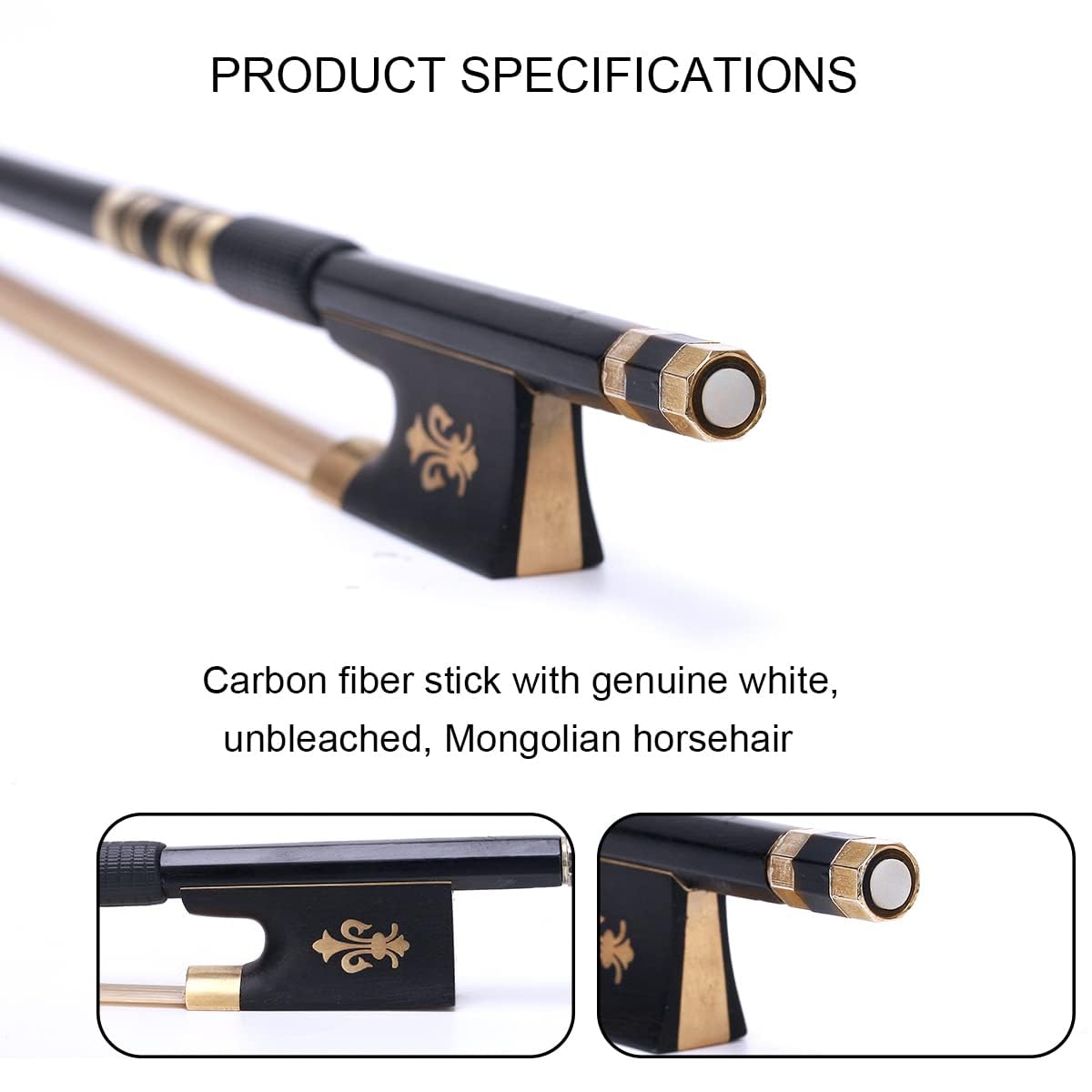 4/4 Professional Violino ad arco in fibra di carbonio - Arco da orchestra a grandezza naturale con pelo di crine mongolo e design Fleur-de-Lis, di livello professionale a bassa manutenzione