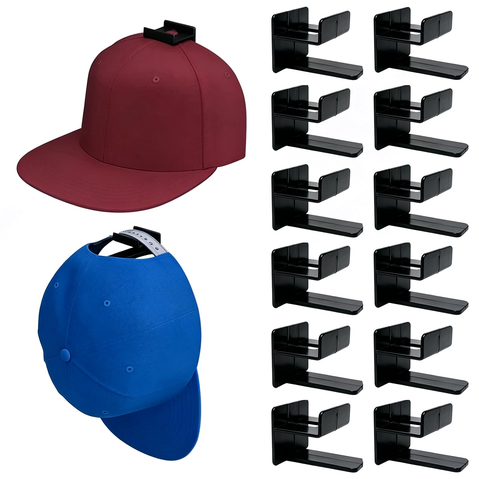 PaYuanRaoTi 12PCS Adhesive Hat Rack Hooks for Wall and Door, Baseball Cap Storage and Hat Storage Organiser, Strong Hat Hooks No Drilling, Self Adhesive Hat Rack for Closet Bedroom Office Display