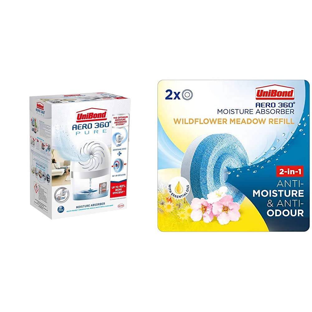 UniBond AERO 360º Moisture Absorber, Ultra-Absorbent Dehumidifier & AERO 360° Moisture Absorber Wildflower Meadow Refill Tab, Aromatherapy, Ultra-Absorbent and Odour-Neutralising, Twin Pack (2 x 450g)