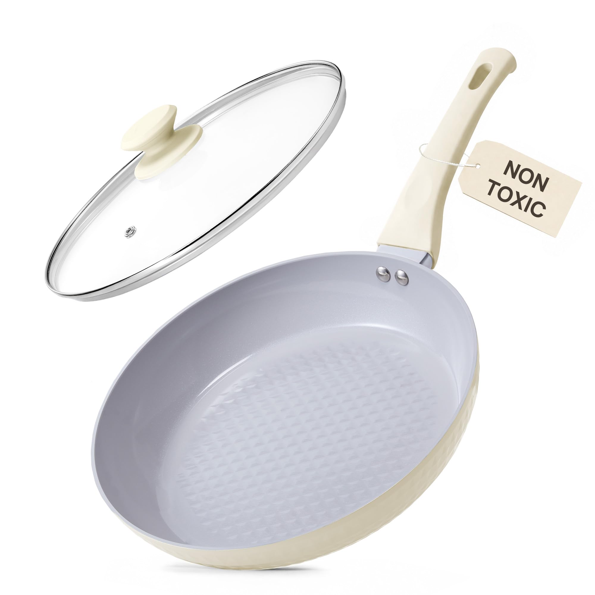 KOKHUB 28 cm Non Stick Frying Pan with Lid Induction, Cream White