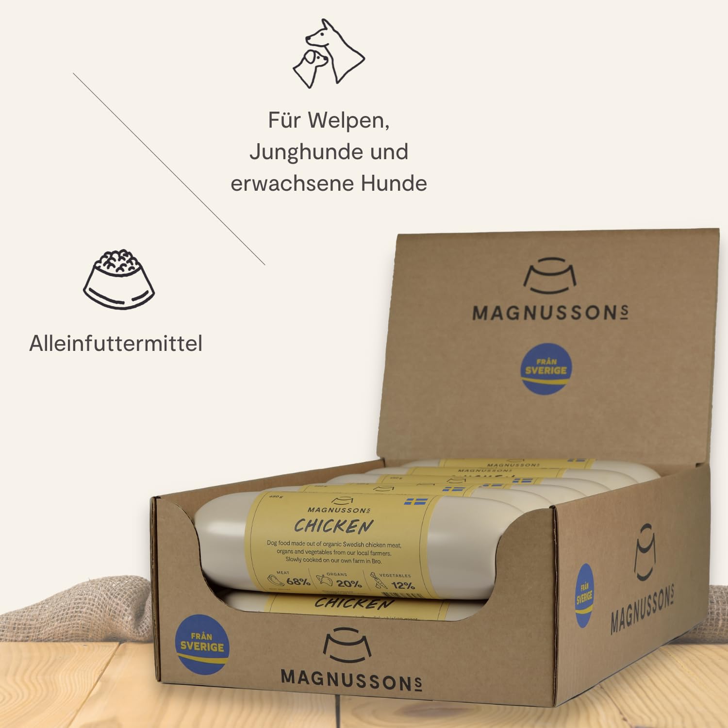 Magnussons Comida húmeda para perros de pollo 12 x 650 g monoproteína pienso completo cocido al vapor
