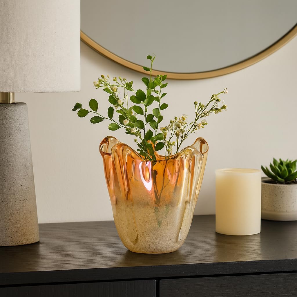 Elegant Glass Vase for Living Room and Home Decor - Decorative Flower Vase for Dining Room, Bedroom, and Office Display - Contemporary Sculpted House Accent for Hallway Table Decor - 9", Tan