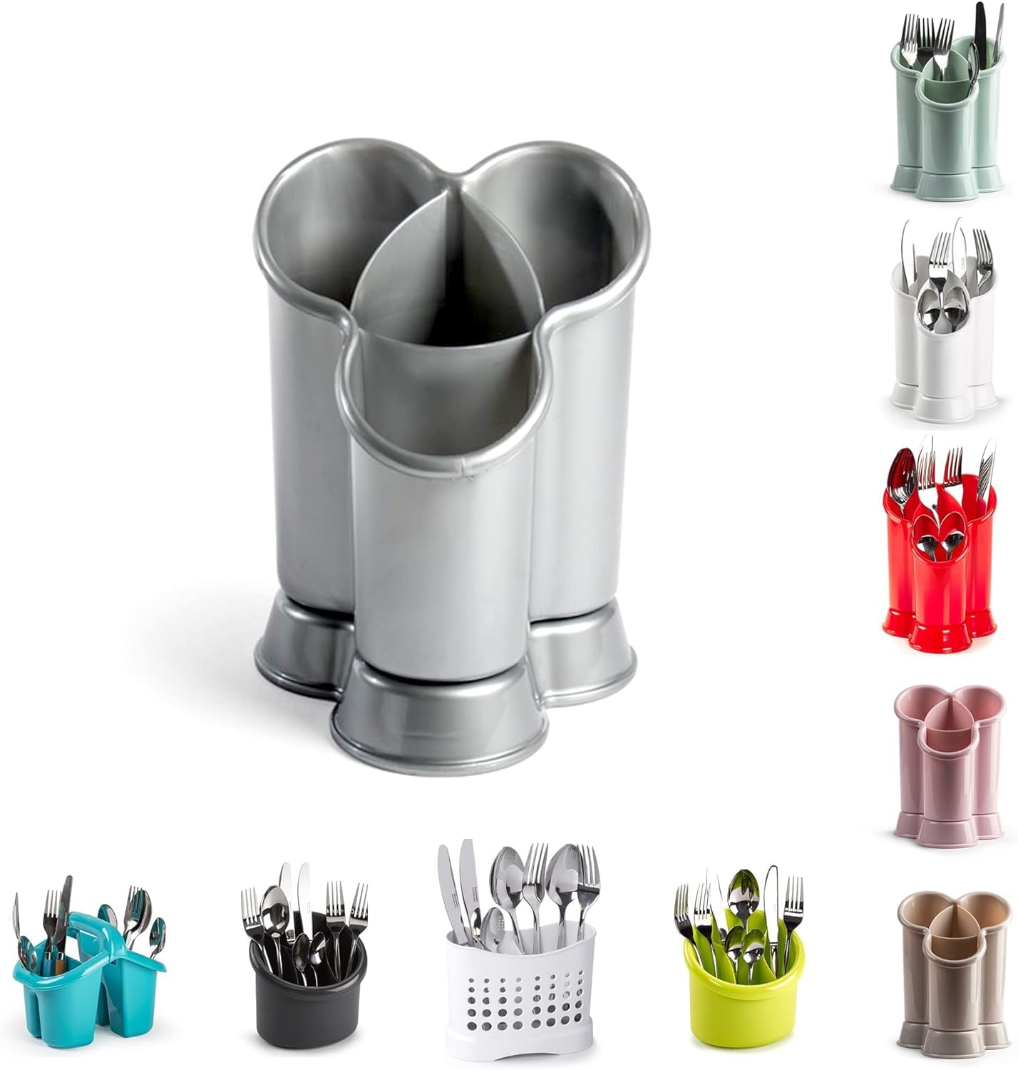 4 Compartment Cutlery Drainer Caddy | High Grade Plastic Utensil Holder for Kitchen | Cleaning Tools Organizer for Home & Kitchen (Silver - D2)