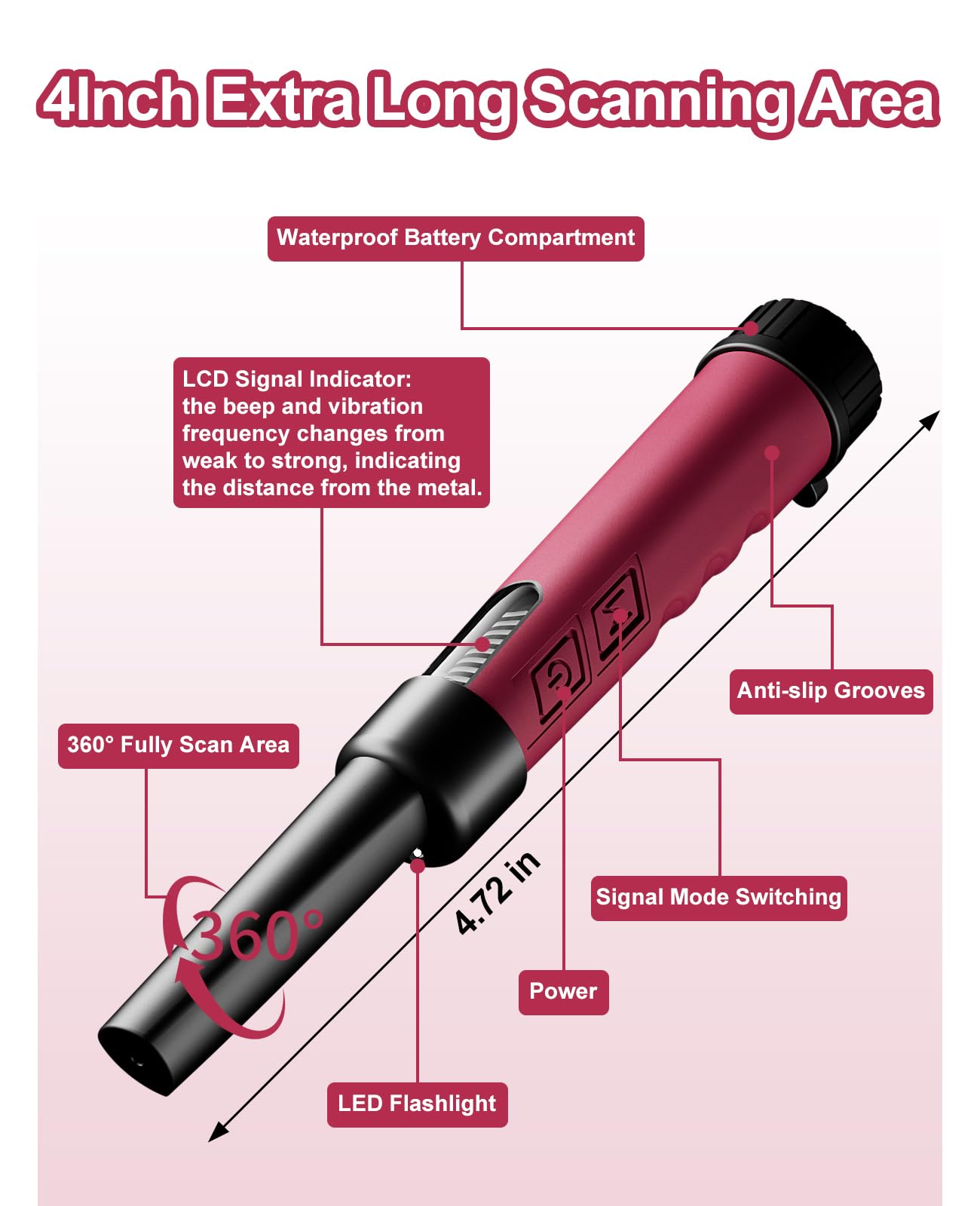 Metal Detector Pinpointer per adulti, IP68, completamente impermeabile, con display LCD del segnale, bacchetta puntatore subacquea per caccia al tesoro, rilevamento a 360°, luce LED rossa