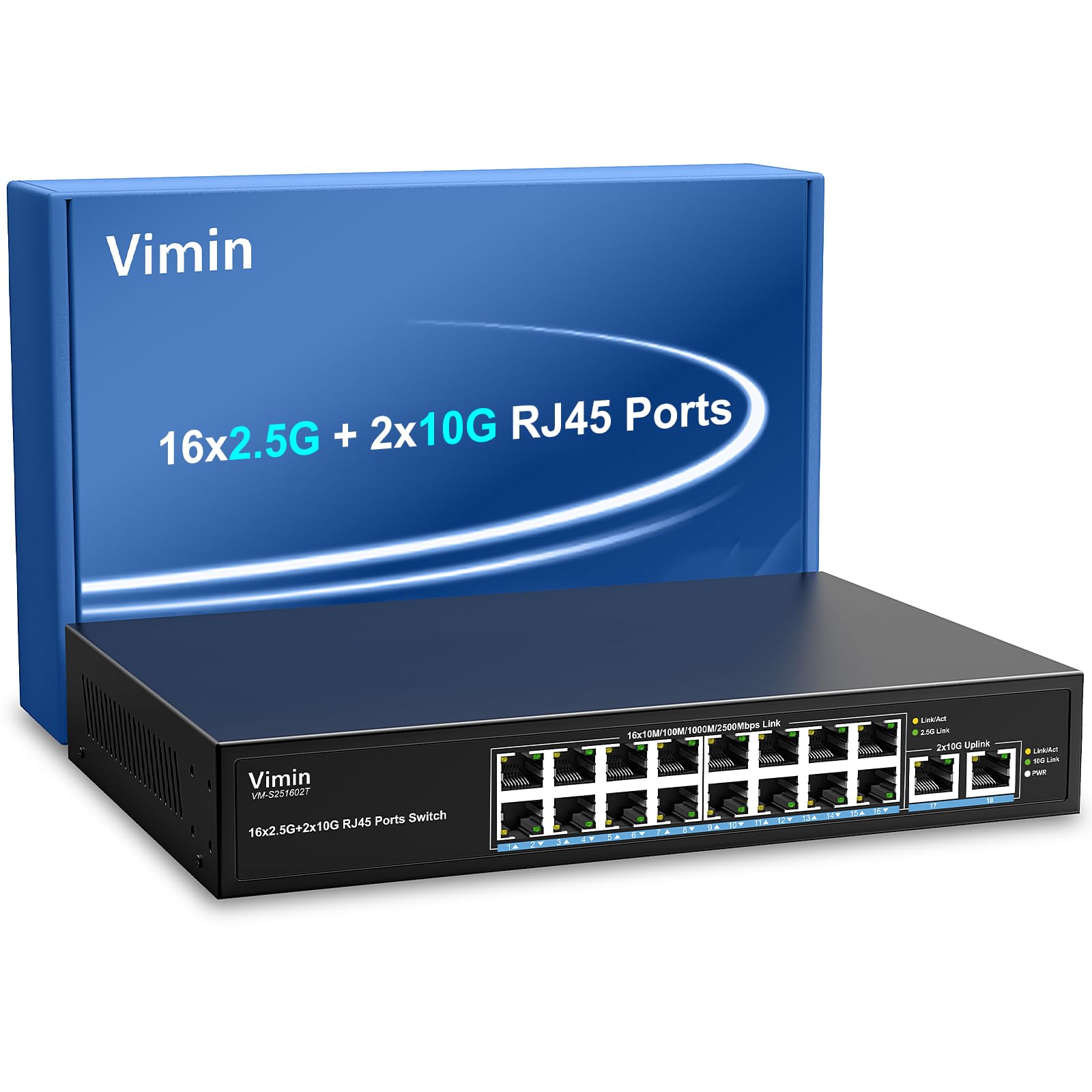 Switch Ethernet 16 Ports 2,5G + 2 Port 10GBASE-T, Vimin 16X 2,5G+2 Ports RJ45 10Gb Switch Non Géré, 2.5G Switch Capacité 120Gbit/s, Commutateur 2,5G/10G Réseau de Bureau/Mural pour NAS, PC, AP