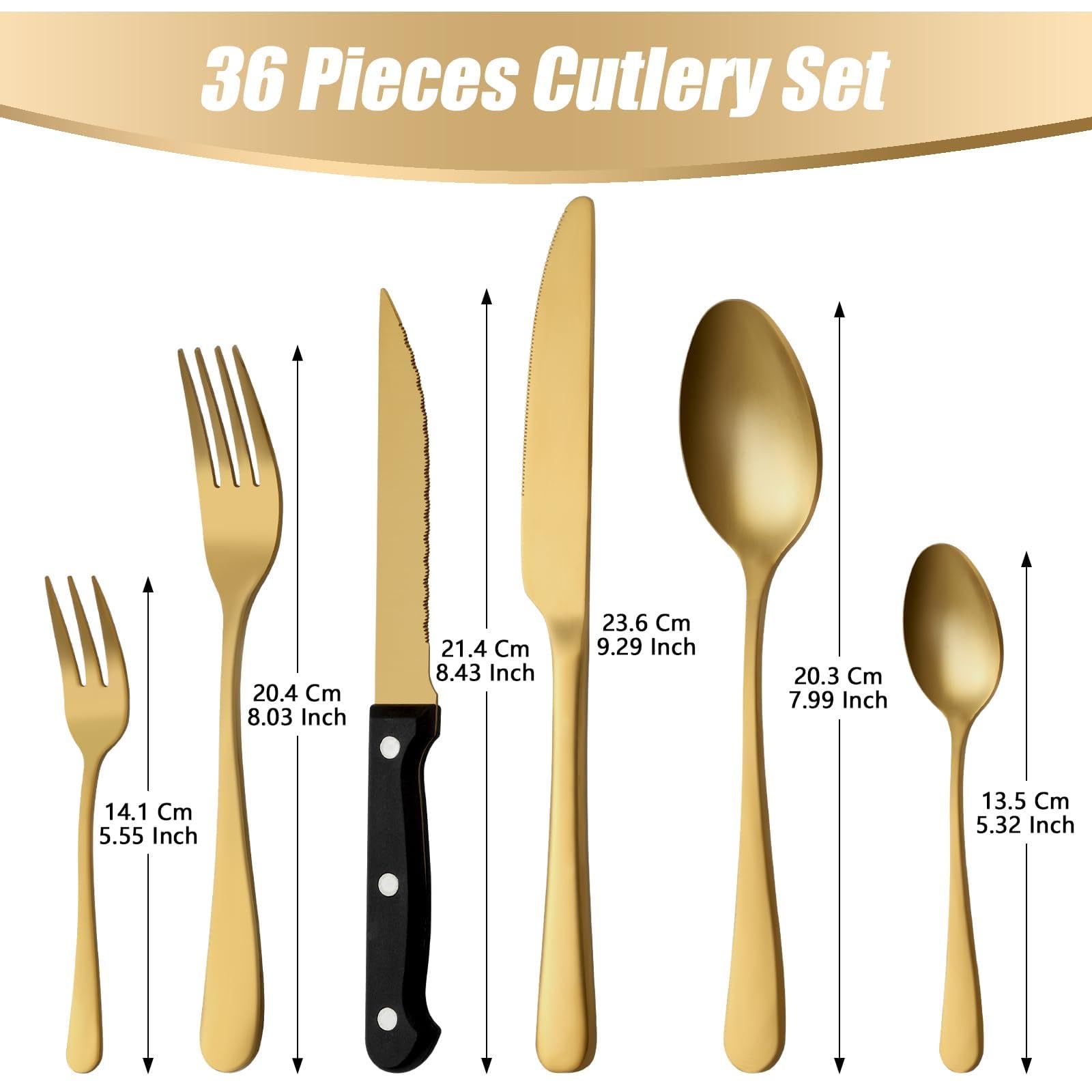 BEWOS Juego de Oro cubiertos para 6 personas, cuberteria acero inoxidable de 36 piezas con cuchillos para carne, Cuchillo Cuchara Tenedor Cubiertos Set Espejo Pulido, Apto para Lavavajillas