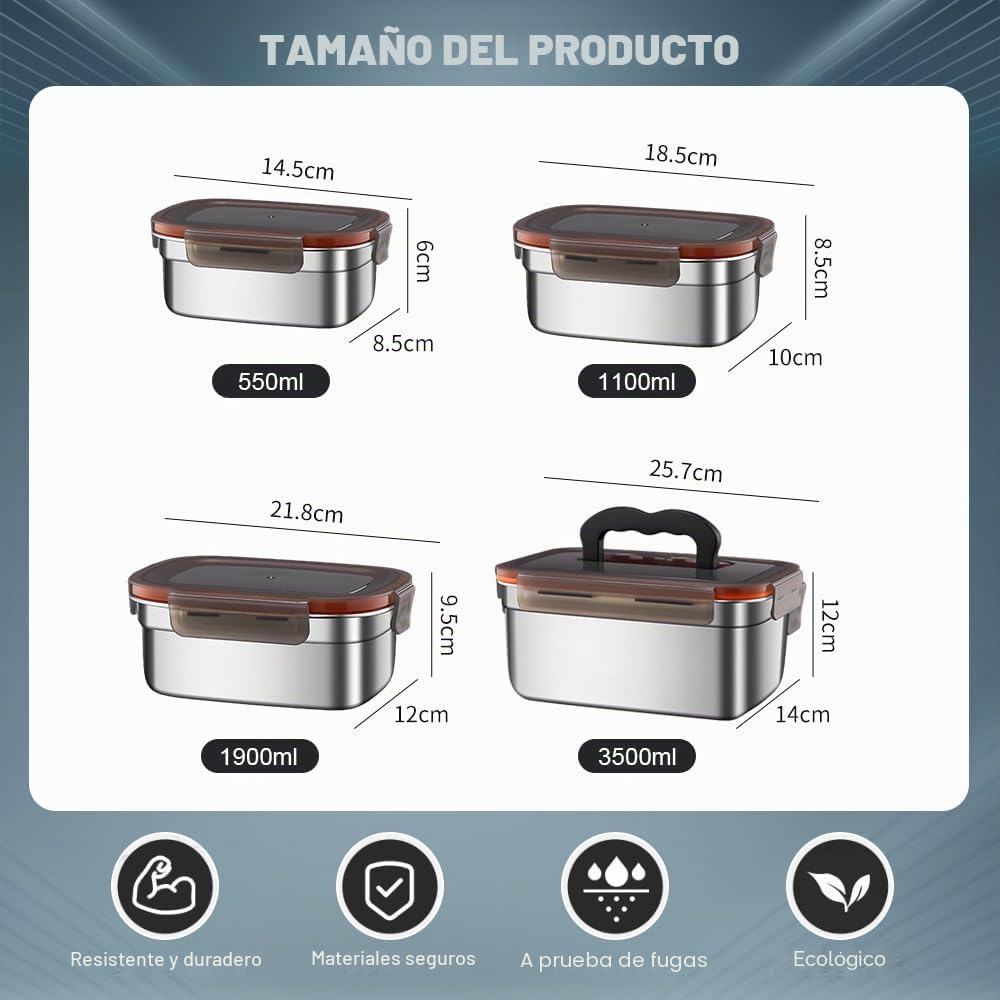 4 PCS Recipientes de Acero Inoxidable 550/1100/1900/3500 ml, Fiambrera de Acero Inoxidable Hermetica con Tapa, Contenedores Comida para Congelador para Cocina Trabajo -Aptas para Lavavajillas