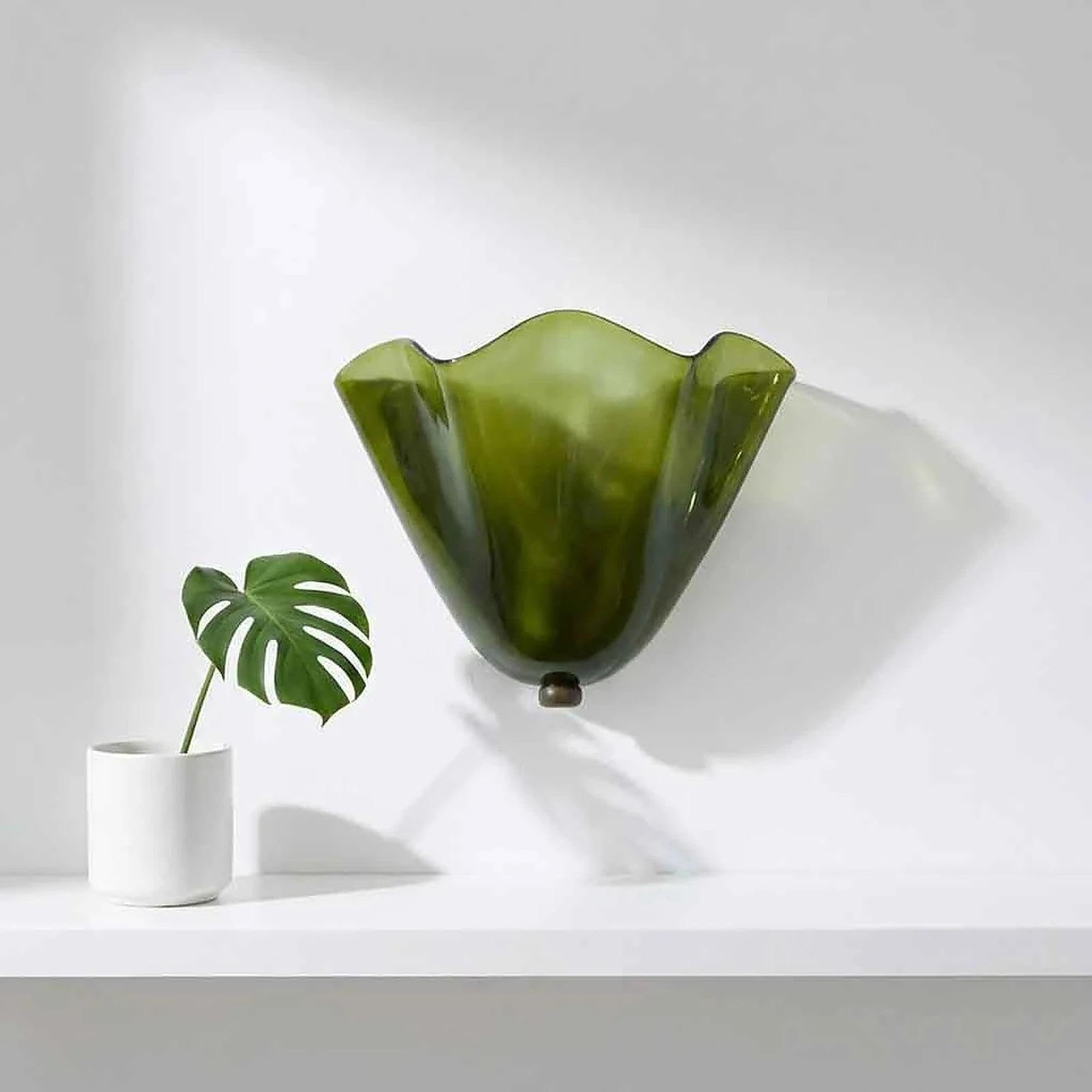 Mid Century Wall Sconce, Amber Glass Scallop Light Fixture – Vintage Art Deco Lamp for Bathroom Vanity, Bedroom – Warm Coastal Ambience, Hardwired Antique Brass E12(Green)