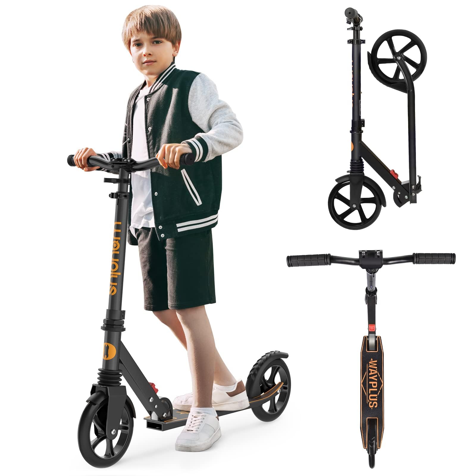WAYPLUS Scooter for Kids, 4-Level Height Adjustable, Folds in One Second, Lean-to-Steer, 200mm Big Wheels, Holds up to 108kg, 2 Wheels Scooters, Ideal for Ages 6+ (Orange-1)