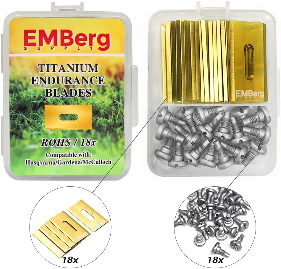 EMBerg Endurance Blades (18 Pack) for Husqvarna Automower Gardena McCulloch Robotic Lawnmower Mowing Lawn Mower Robo Robot Accessories Replacement Blade for 315 430 435 450 Others. (Titanium Coated)