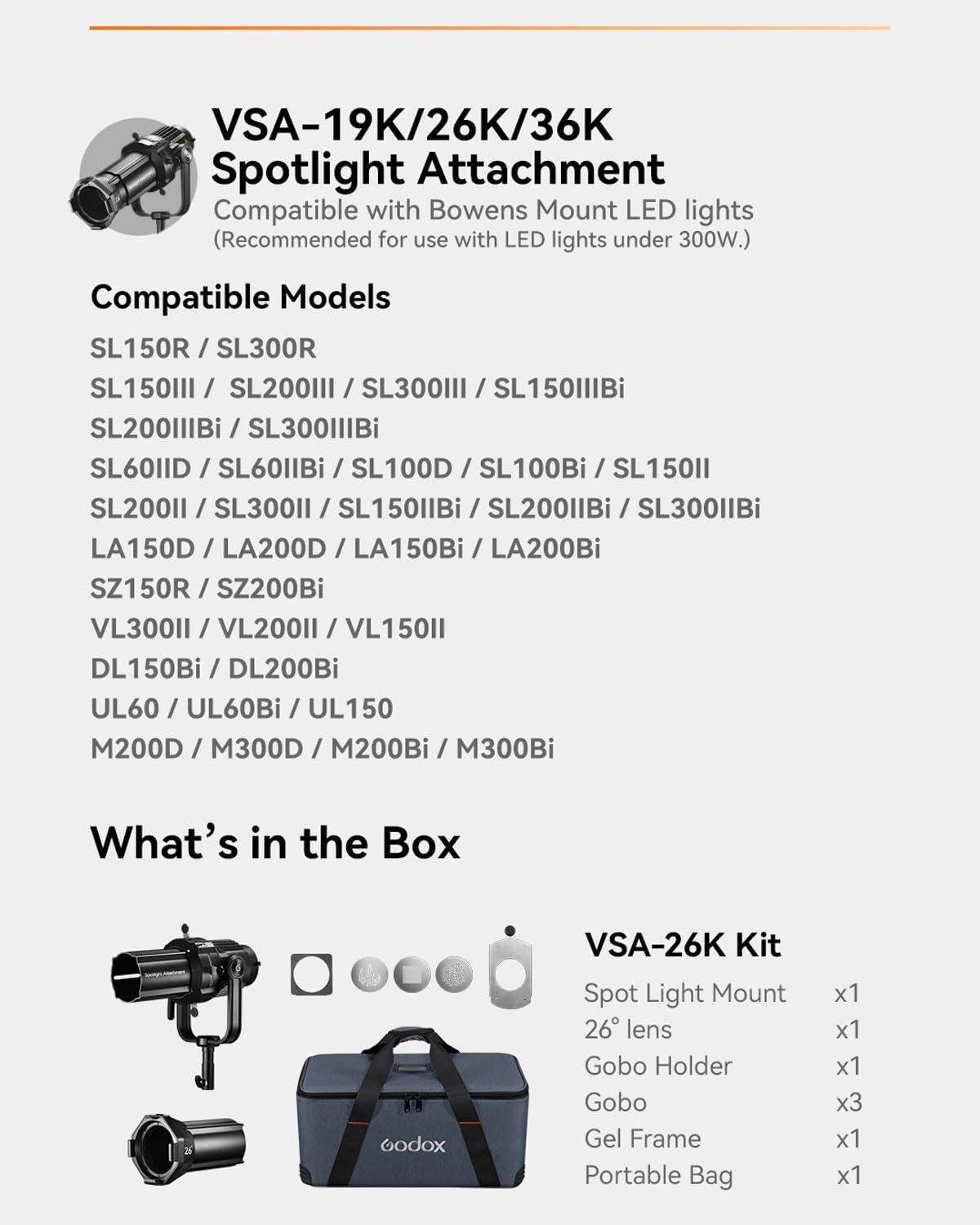 Godox VSA-26K Accesorio de Foco de 26° para monoluz de luz LED con Montaje Bowens con Juego de GOBO Modificador de Lente de proyección para Flash monoluz de Estudio con Montaje Bowens y Luces LED
