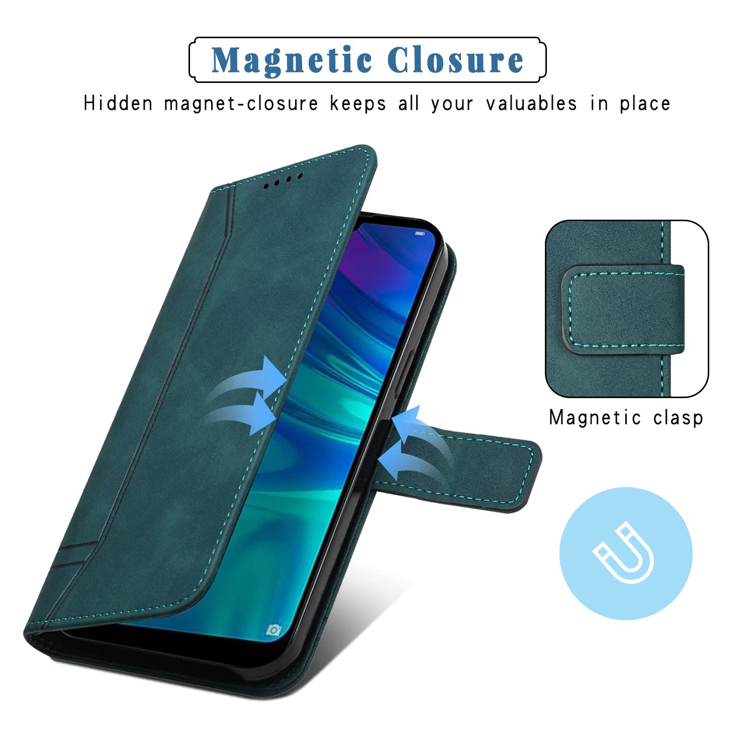 Bravoday Cover Portafoglio In Pelle PU Per Huawei Honor 10 Lite / P Smart 2019 - Con Slot Per Schede E Contanti, Funzione Stand, Chiusura Magnetica (Blu)