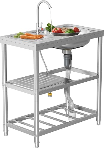 Outdoor Sink Station, Outdoor Sink with Hose Hook Up, 3-Tier Stainless Steel Outdoor Kitchen Sink with Drainboard and Storage Shelves for Patio, Garden, Garage, Fregadero para Patio Exterior