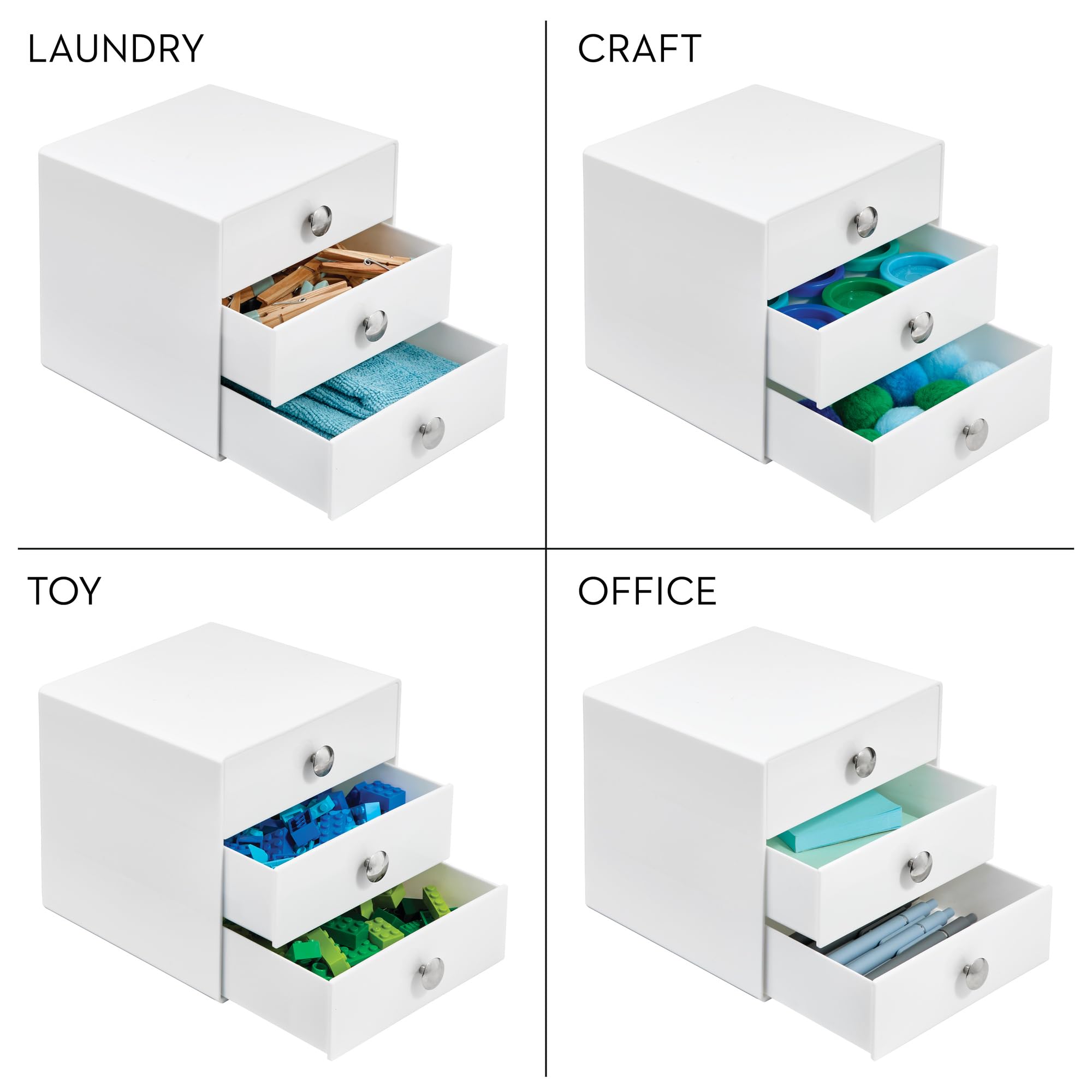 iDesign organizer na kosmetyki z 3 szufladami, kompaktowy organizer na kosmetyki z tworzywa sztucznego, mini kwadratowa mini komoda na kosmetyki i kosmetyki, biały