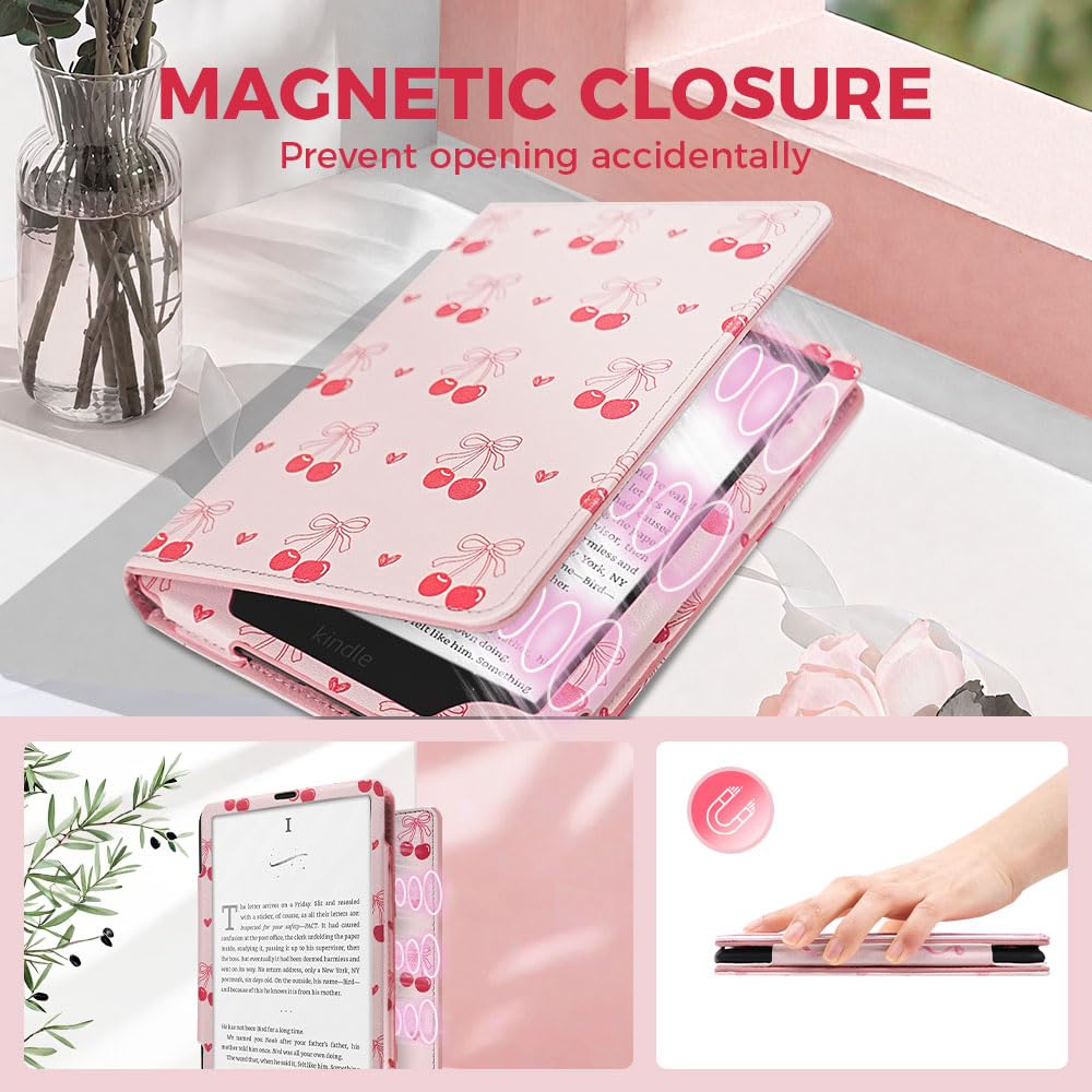 Custodia rosa con fiocco di ciliegia per ereader da 7"/6", compatibile con Kindle Paperwhite 12a/11a generazione, MEEBOOK, PocketBook, Boox, Colorsoft, graziosa custodia per libri con cinturino da