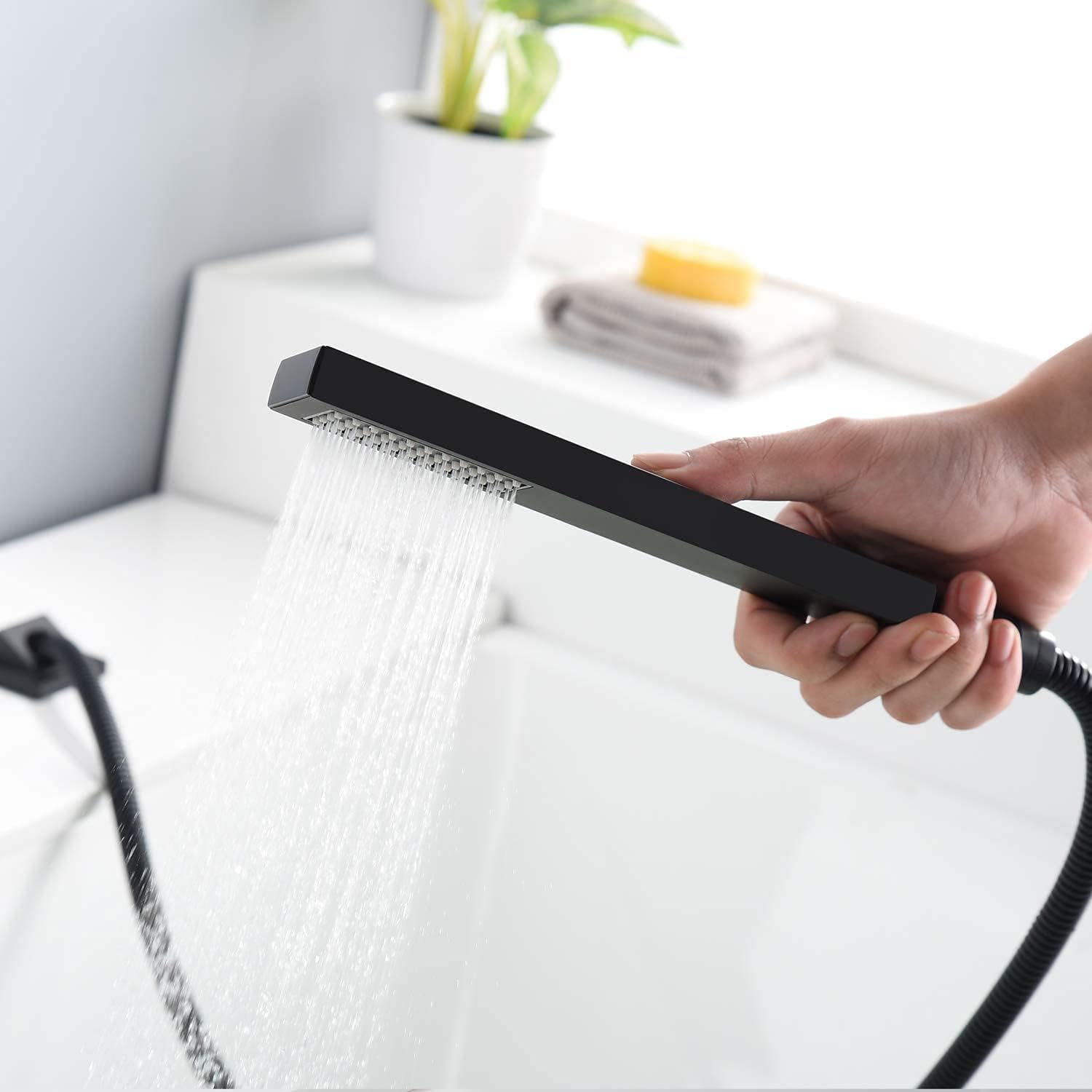 Creative Product Waterfall Roman Tub Faucet Matte Black Deck Mount Bath Tub Filler with Hand Shower,High Flow,SUMERAIN