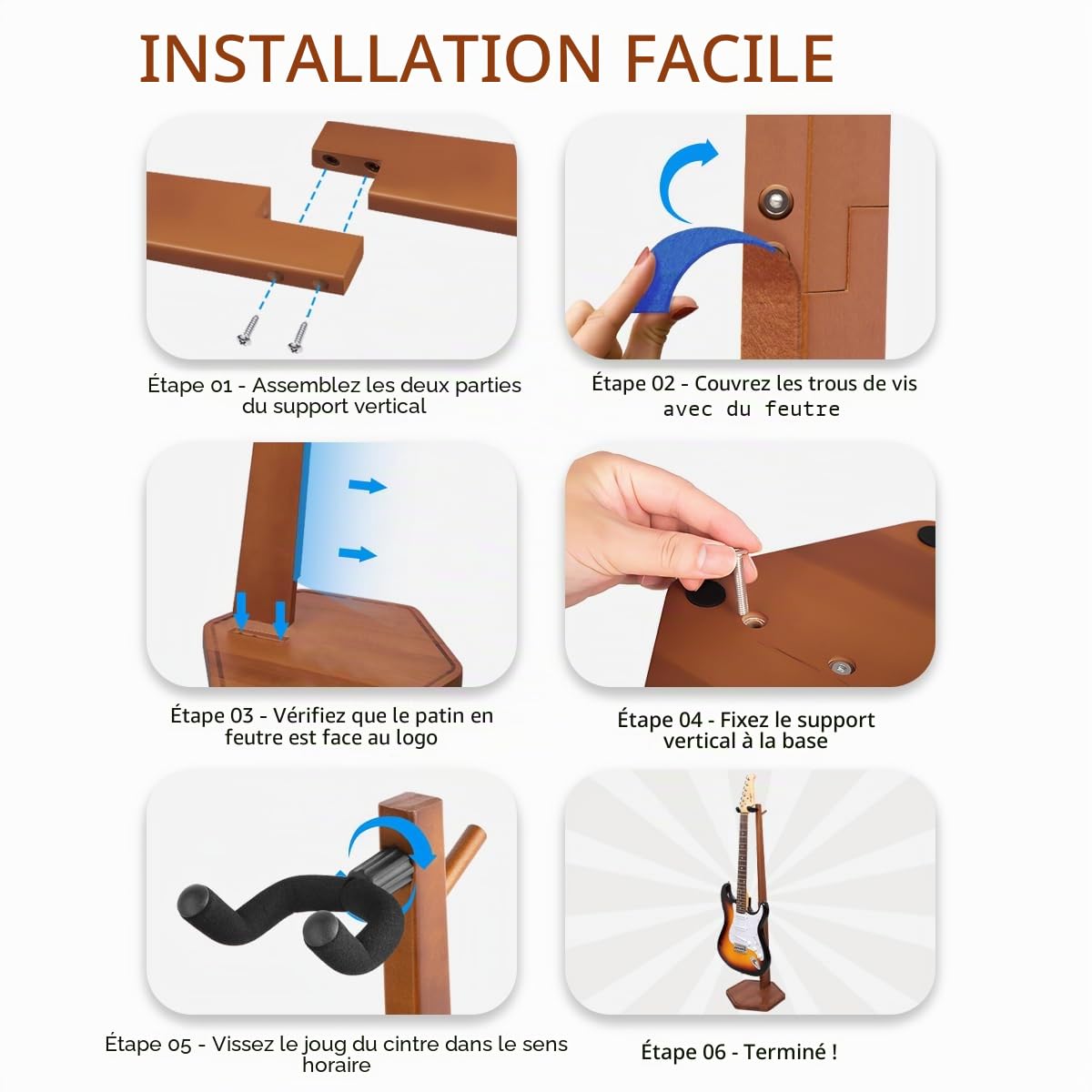 STRICH Support pour guitare acoustique et électrique, hauteur 103 cm (40.5" ), en bois de noyer, avec crochet de suspension, pour la maison ou le studio (FH1, présentoir pour guitare)
