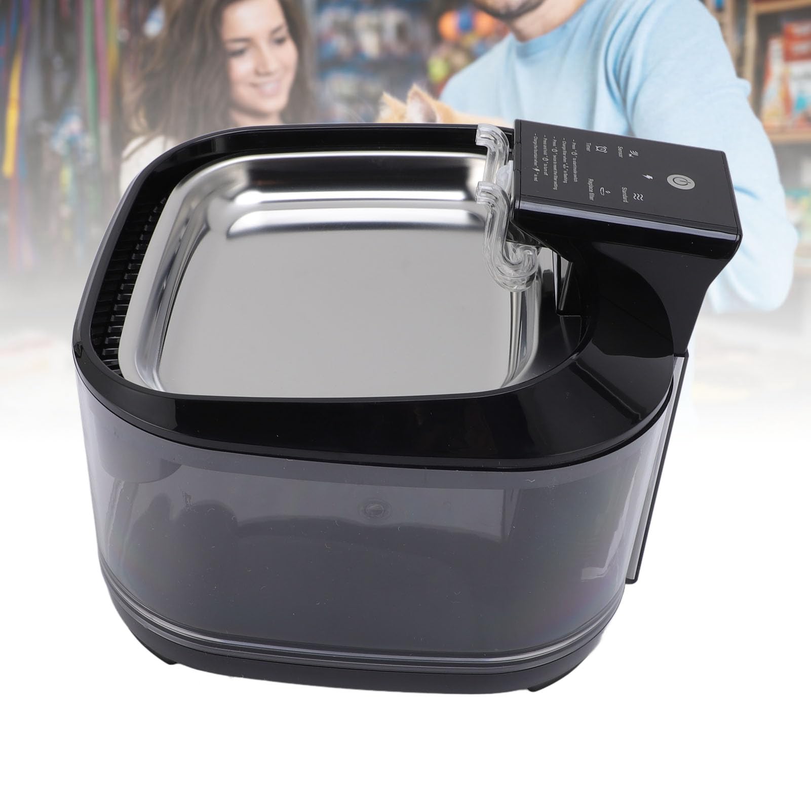 AMONIDA Fuente para Mascotas de 4,5 L, Fuente de Filtración de Circulación Silenciosa, de Cuenco de Acero Inoxidable, Ideal para Perros y Gatos (Black)