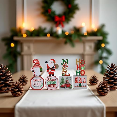 Miniatura 4 de Aovdy 4 carteles de mesa de Navidad, decoración de centro de mesa de madera, gnomo de Papá Noel, Noel, HOHOHO, decoración de escritorio de madera