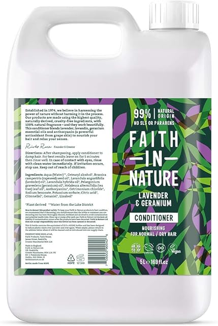 Faith In Nature Natural Lavender and Geranium Conditioner, Nourishing, Vegan and Cruelty Free, No SLS or Parabens, For Normal to Dry Hair, 5 L Refill Pack