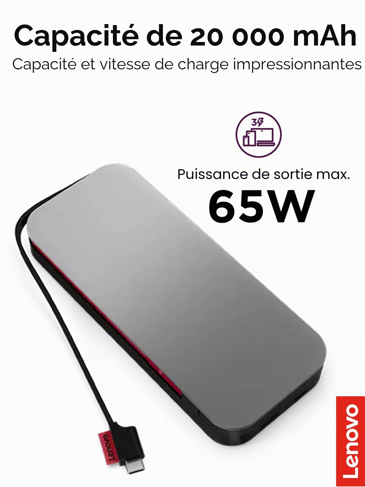 Lenovo Go [PowerBank] Chargeur USB-C pour Ordinateur Portable (20 000 mAh), Gris tempête