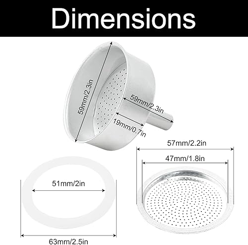 Miniatura 2 de Kit de embudo de repuesto Espresso Moka, 1 embudo de repuesto, 1 filtro de aluminio con 3 paquetes de sellos de junta de repuesto (filtro 2.2