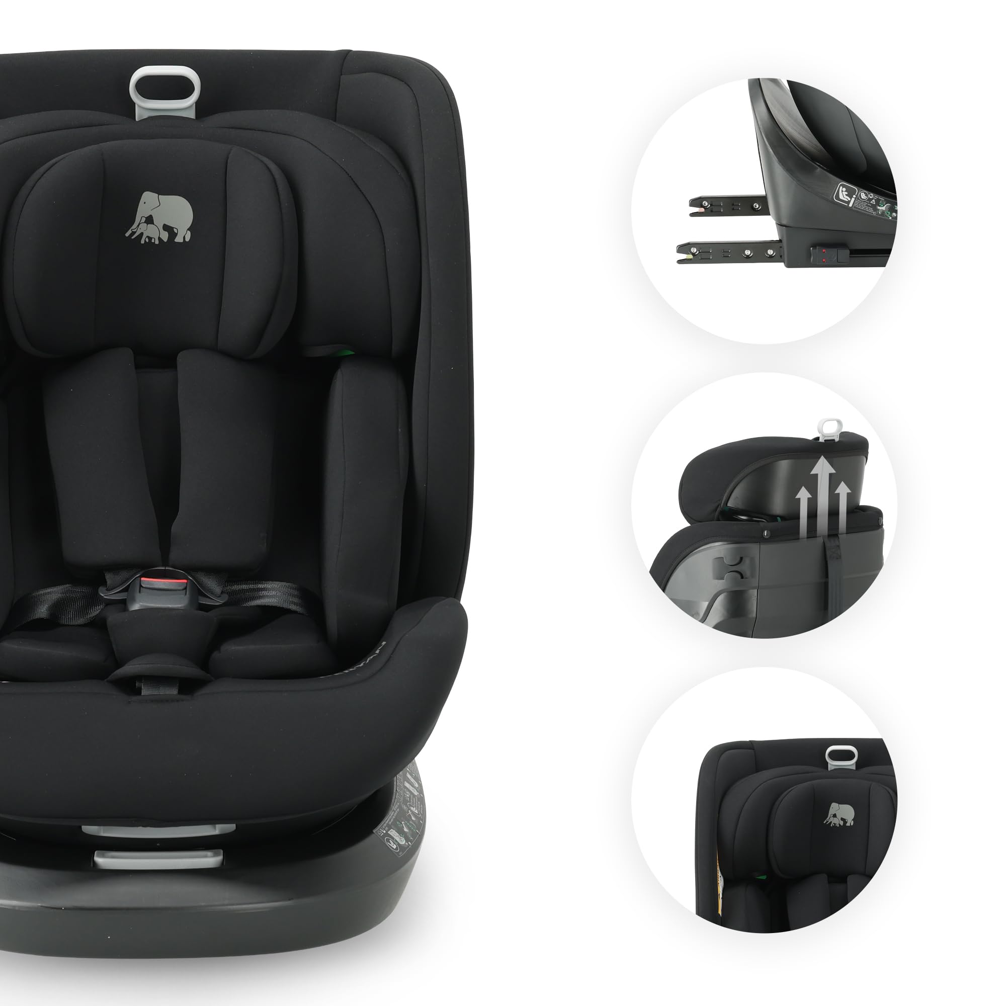 Deryan Cassie i-Size Kindersitz 40-150 cm - Gruppe 0+/1/2/3, Drehbarer Autositz 360°, 0-12 Jahre (0-36 kg), Isofix, Gurtbefestigung, Seitenaufprallschutz, Verstellbare Kopfstütze (Schwarz)