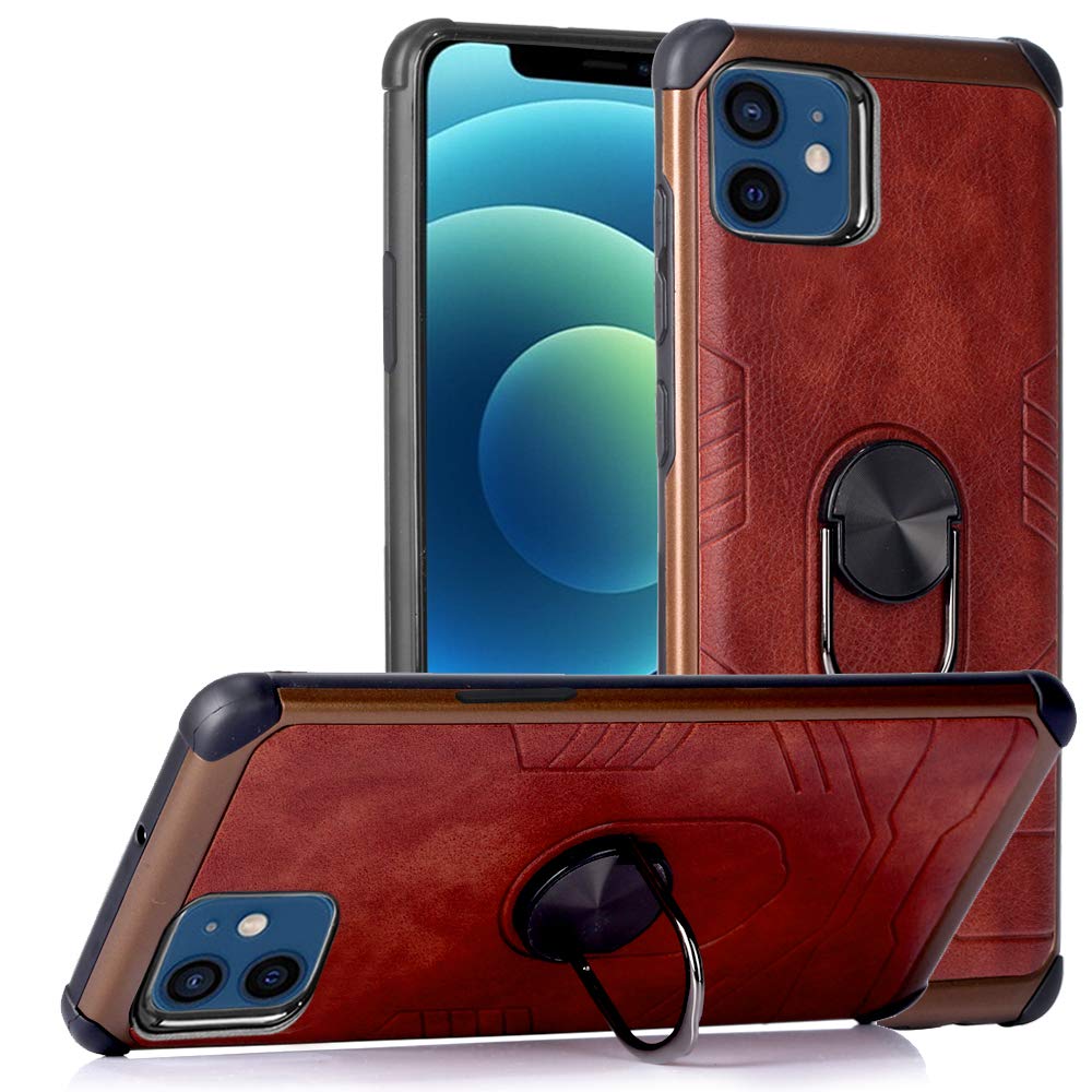 Techvibe Ring Stand Case Compatible with iPhone 12 Mini Case 5.4 inch (2020 Release), Drop Protection | Kickstand | Cushioned Corners | Leather Back - Coffee Brown