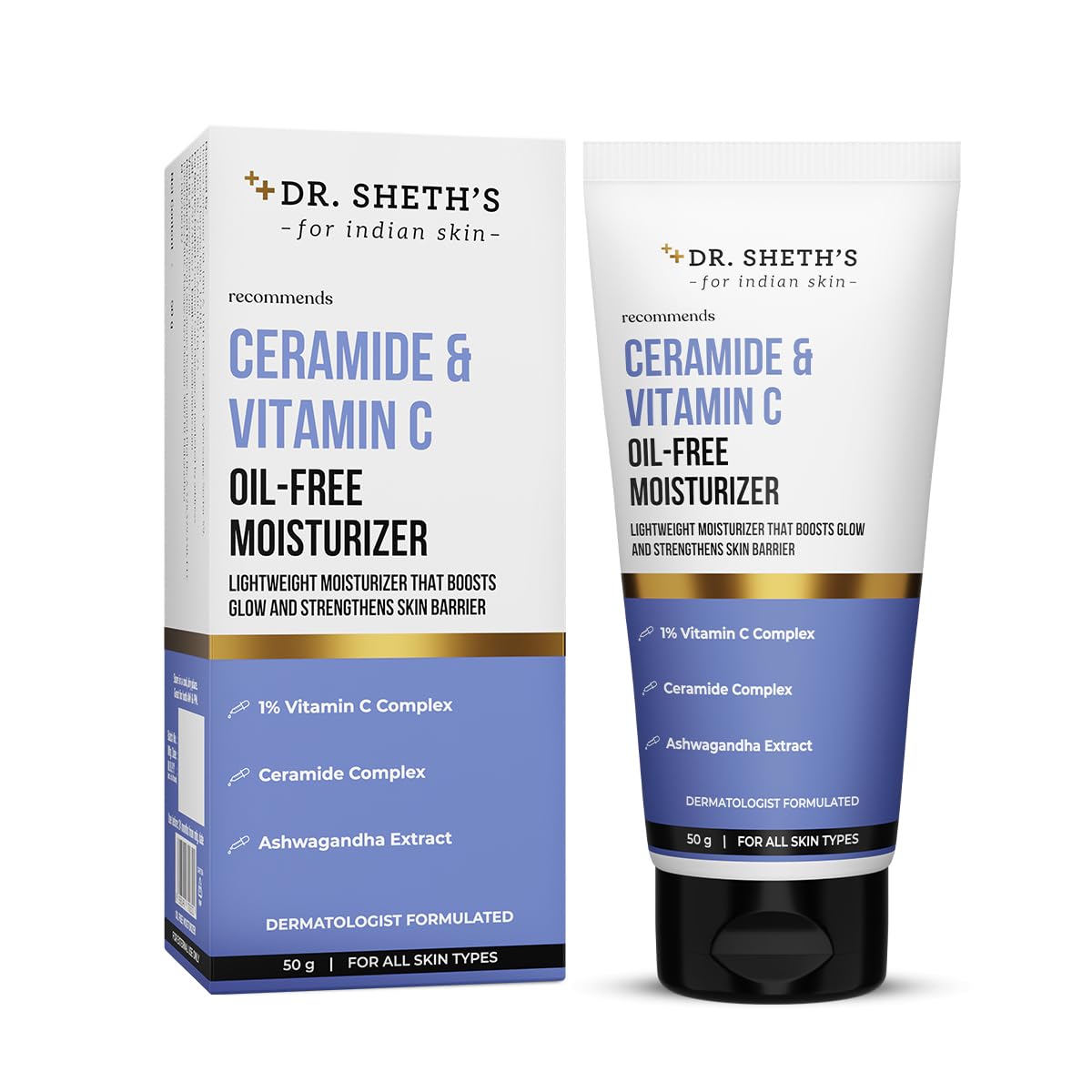 Dr. Sheth's Ceramide & Vitamin C Oil-Free Face Moisturizer for Oily | Combination & Acne prone skin | Repairs Damaged Skin Barrier | Hydrates & Brighten | lightweight formula | 50 g