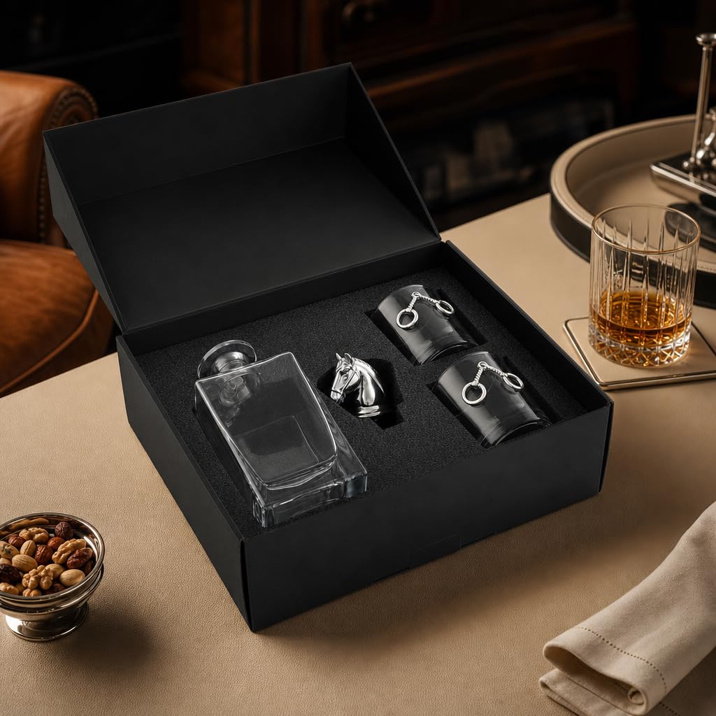 Arthur Court Dekanter-Set für Reitsport mit Whiskygläsern, 750 ml, Glaskaraffe mit Pferdekopf-Stopper, perfekt für Zuhause, Bar oder Männerhöhle